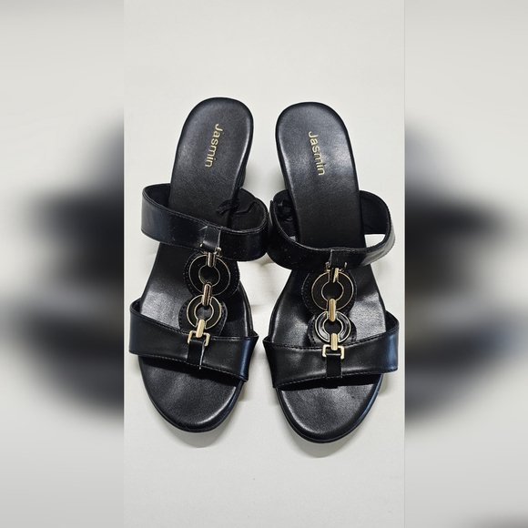 Jasmine Shoes - Jasmin Black Sandals with Gold Details Size 10; 2.5 In Heel